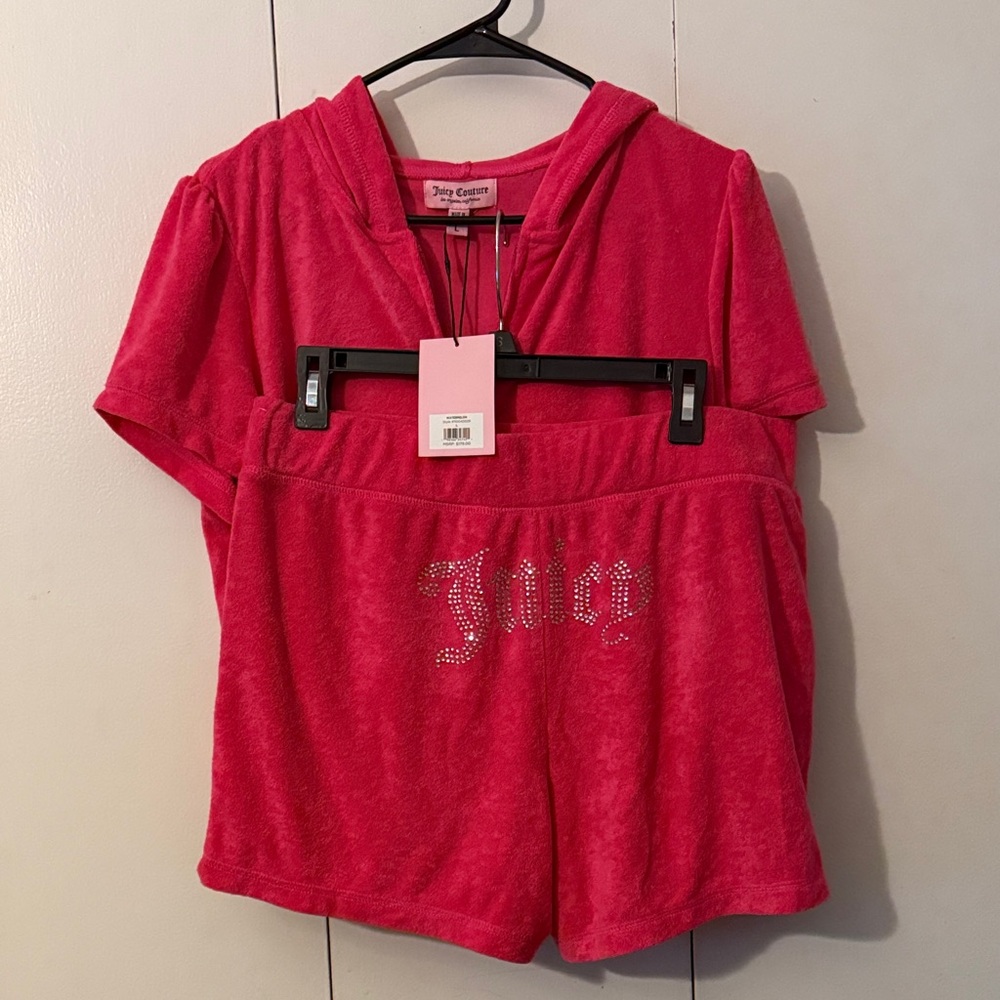 Juicy Couture Hot Pink Velour Athletic Shorts Set with Hoodie